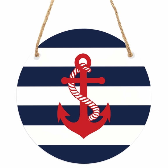 Navy Blue Stripe Nautical Round Front Door Welcome Sign, 5.9 Inch Wall Hanging Decor for Indoor Outdoor, Red Anchor Summer Coastal Home Porch Hanger Decorations for Holiday Gift