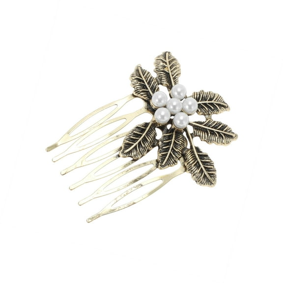 Vocoste 1 Pc Women's Pearls Leaves Side Comb for Parties Vintage Gold Tone Alloy