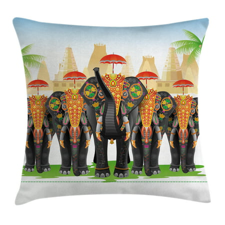 Ethnic Throw Pillow Cushion Cover, Elephants in Traditional Costumes with Umbrellas Indian Ceremony Ritual Graphic, Decorative Square Accent Pillow Case, 20 X 20 Inches, Multicolor, by Ambesonne