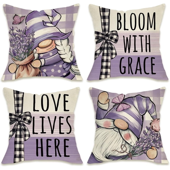 Spring Summer Gnome Decorative Throw Pillow Covers 18x18 Set of 4, Bloom with Grace Purple Lavender Flower Outdoor Pillowcase, Love Lives Here Plaid Stripes Farmhouse Cushion Case Home Decor