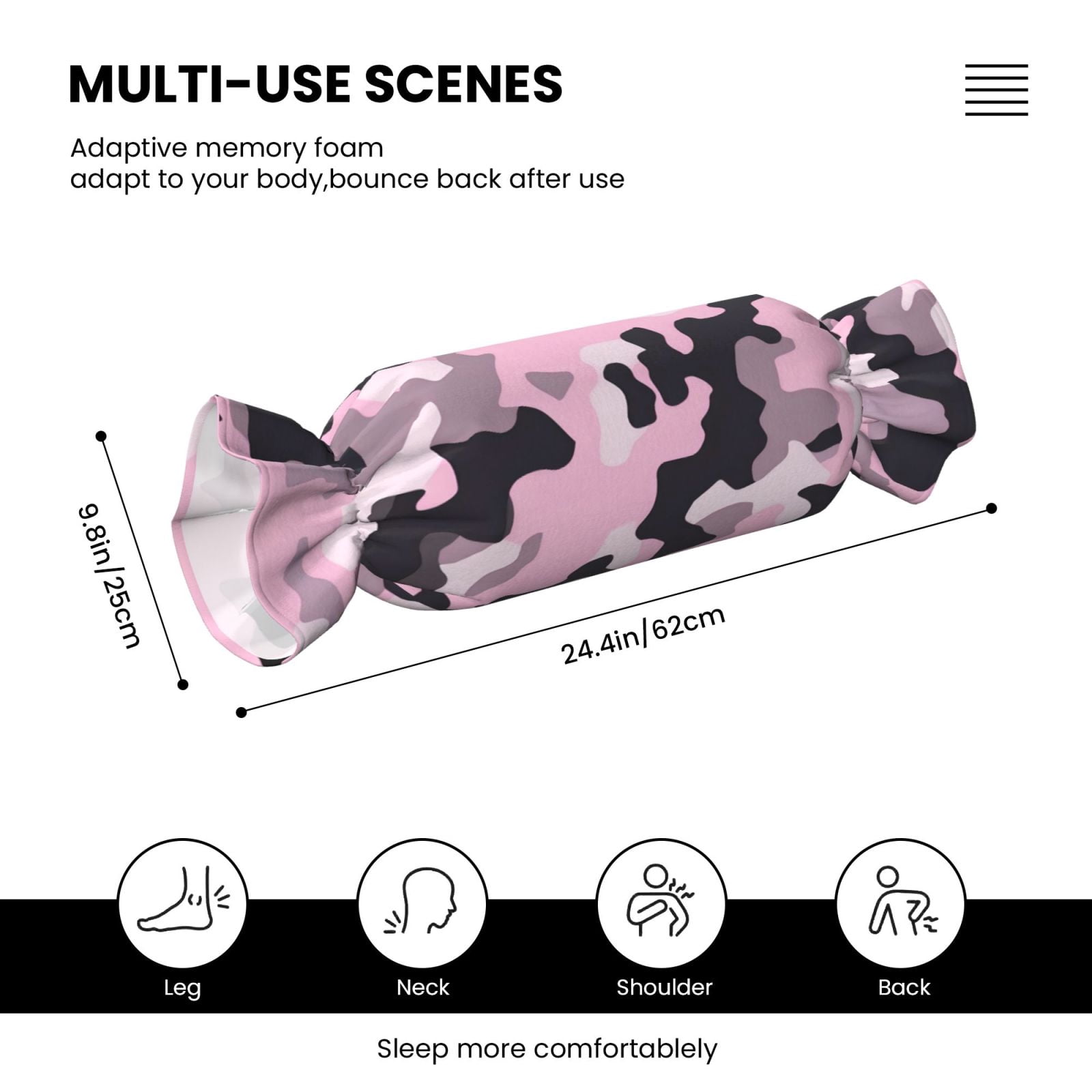 Candy Throw Pillow Travel Cervical Pillow Cylindrical Neck Body Cushion With Insert For Bed Couch Home Decor 9.8x24.4in Texture Military Camouflage Pattern Abstract Pink_4