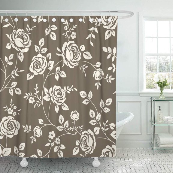 KSADK Classic Floral Pattern with Vintage Rose Silhouette on Brown with Blooming Flowers and Leaves Simple Shower Curtain Bathroom Curtain 60x72 inch