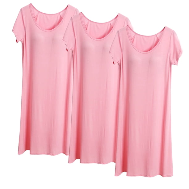 Camisón largo de 3 piezas para mujer, color liso, largo medio, manga corta, con copas acolchadas, para el hogar, modal
