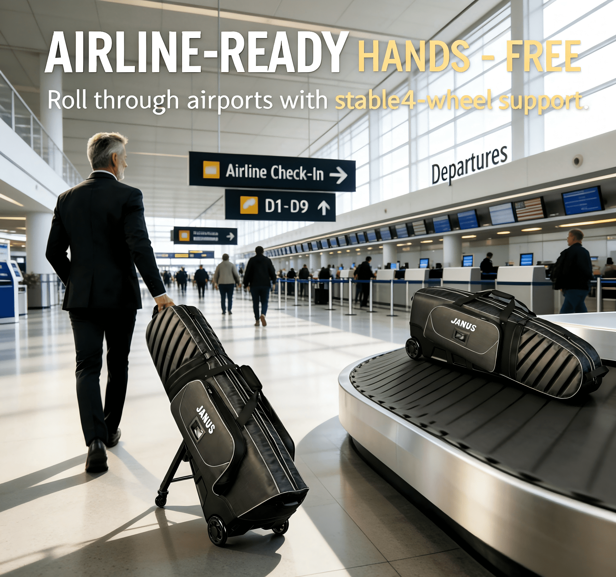 JANUS Golf Travel Bag with Integrated Foldable Support System, 4-Wheel Hands-Free Rolling & 2-Wheel Pull Mode, Reinforced Hard Base, Airline Checked Luggage Compatible
