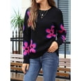 thumbnail image 5 of Floral Sweaters for Women Contrast Color Striped Crew Neck Long Sleeve Loose Knit Pullover Tops Black M, 5 of 10