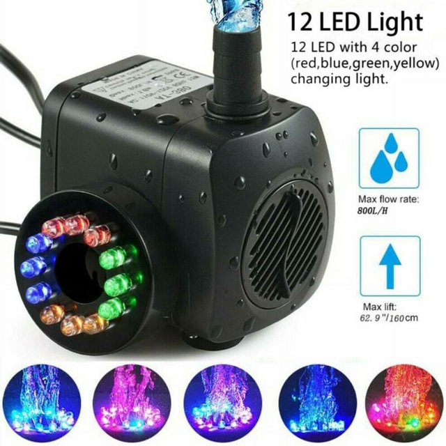Bomba de fuente de 15W 800l/h, bomba de estanque, bomba de agua, bomba de jardín, bomba de fuente con 12 LED