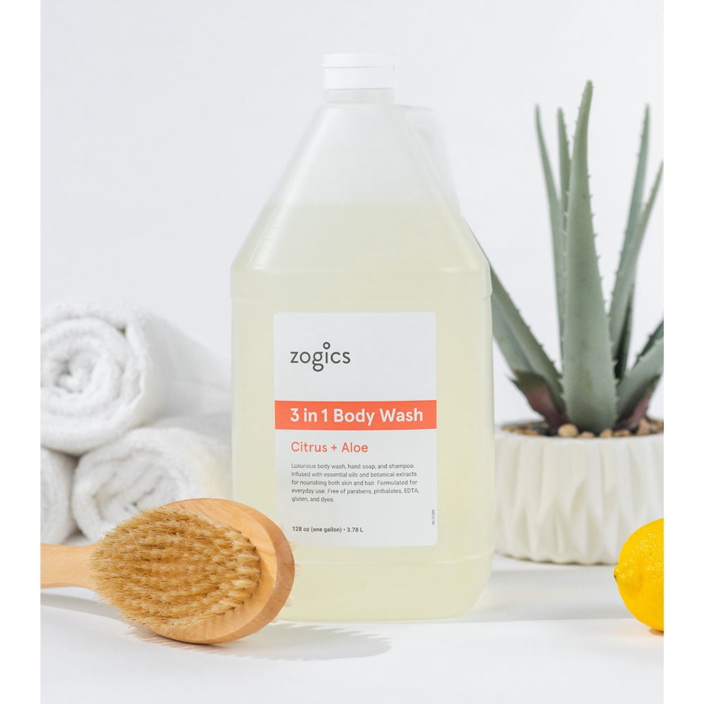 Zogics 3 in 1 Body Wash, Hand Soap & Shampoo, Citrus + Aloe (1 Gallon or Case of 4)