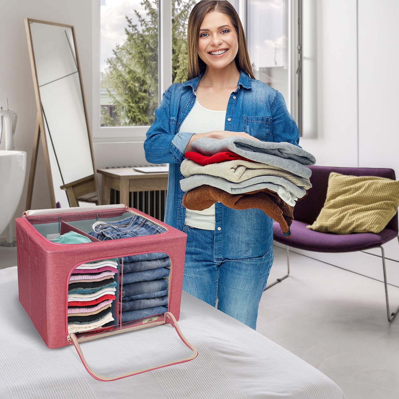 Sorbus Storage Bins with Divided Interior - Large Stackable & Foldable Organizer Containers with Metal Frame, Oxford Fabric, Large Window & Carry Handles