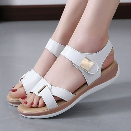 

YTJX Fashion Summer Women Sandals Flat Thick Bottom Open Toe Hook Loop Solid Color Casual