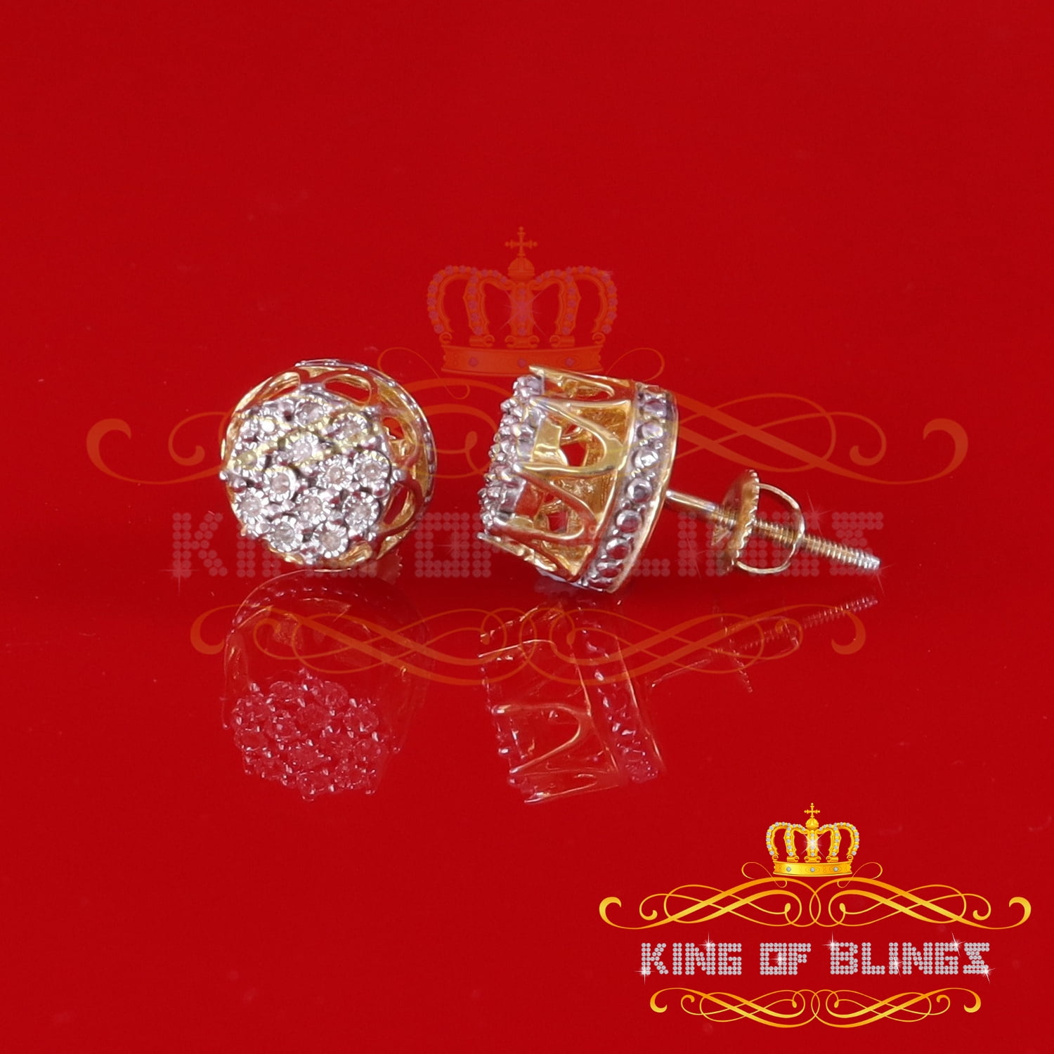 King of Bling's 0.07ct Diamond 925 Sterling Yellow Silver For Men's & Womens Stud Round Earring