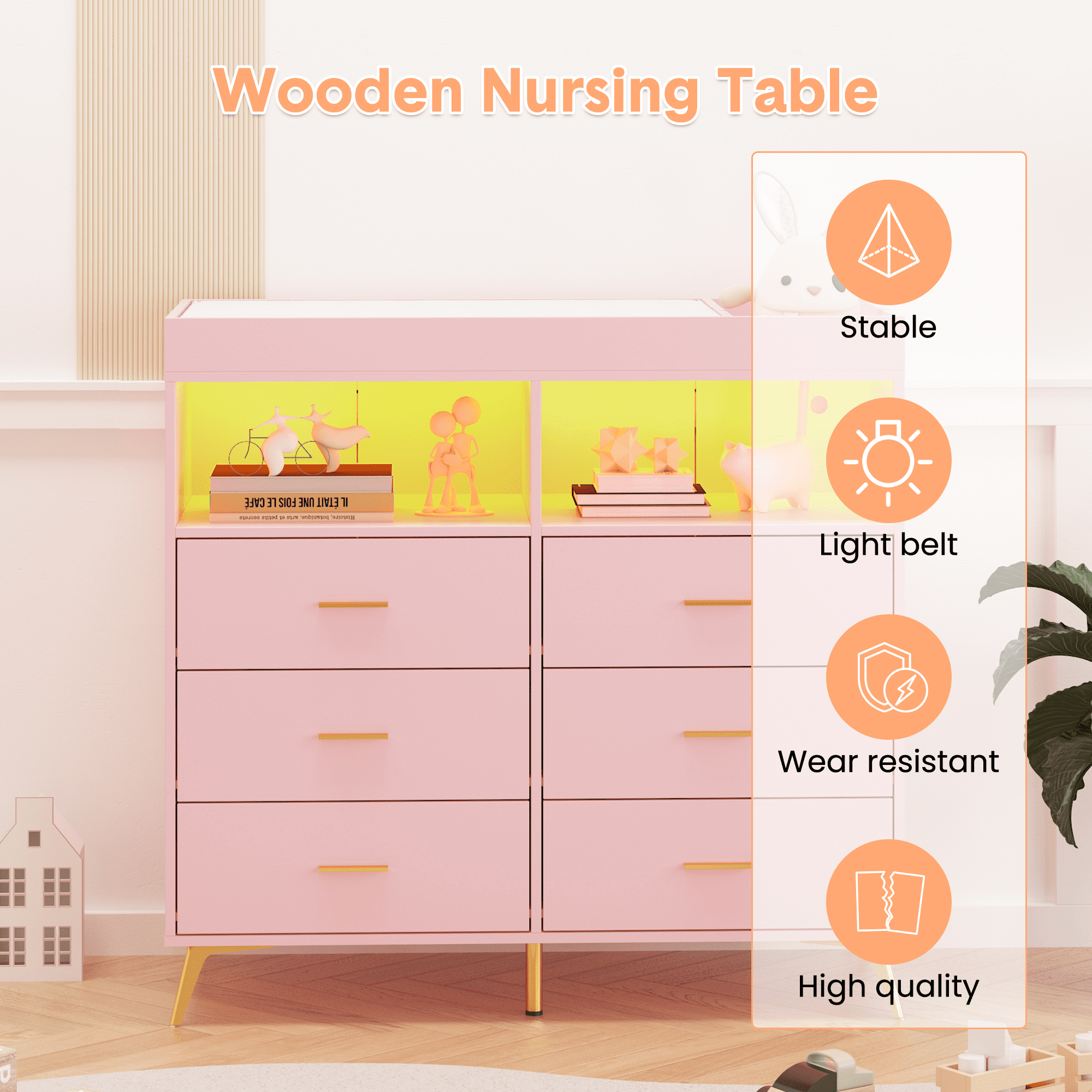 Towallmark Dressers for Bedroom with 6 Drawers,Changing Table Dresser with Changing Pad,LED Lights & Charging Station,Pink