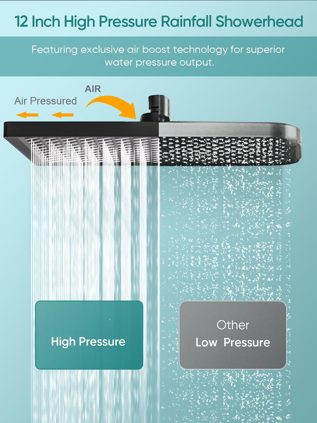 11.8 Inch Rain Shower Head With 6 Modes Handheld Water Spray High Showerhead Combo 11 Adjustable Extension Arm  Black