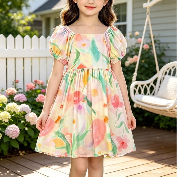 Amidoa Girls Summer Dresses Short Sleeve A-Line Dresses Casual Kids Cotton Print Sundress Multicolor Size 10