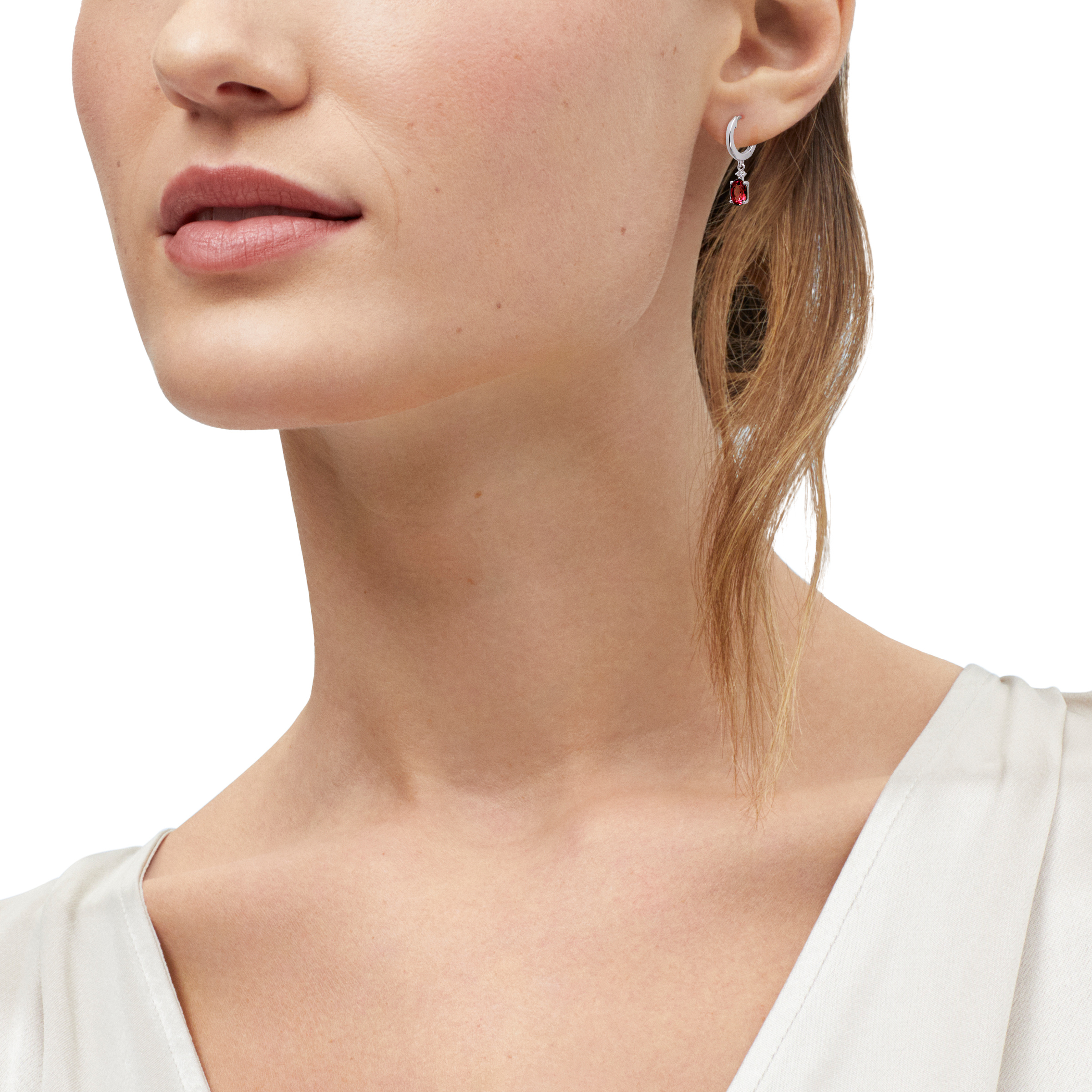 Brilliance Fine Jewelry Oval Garnet and White Cubic Zirconia Hoop Earrings in Sterling Silver
