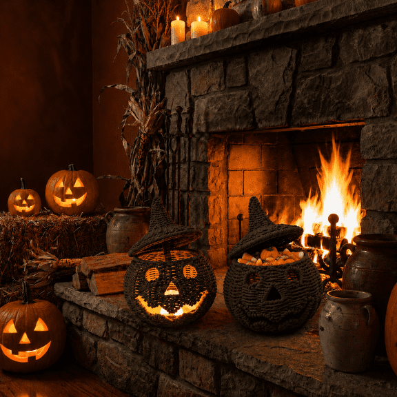 Halloween Pumpkin Decoration - Halloween Pumpkin Candy Bowl with Witch Hat Lid Black Woven Light Up Jack-O-Lantern Trick or Treat Basket Decor