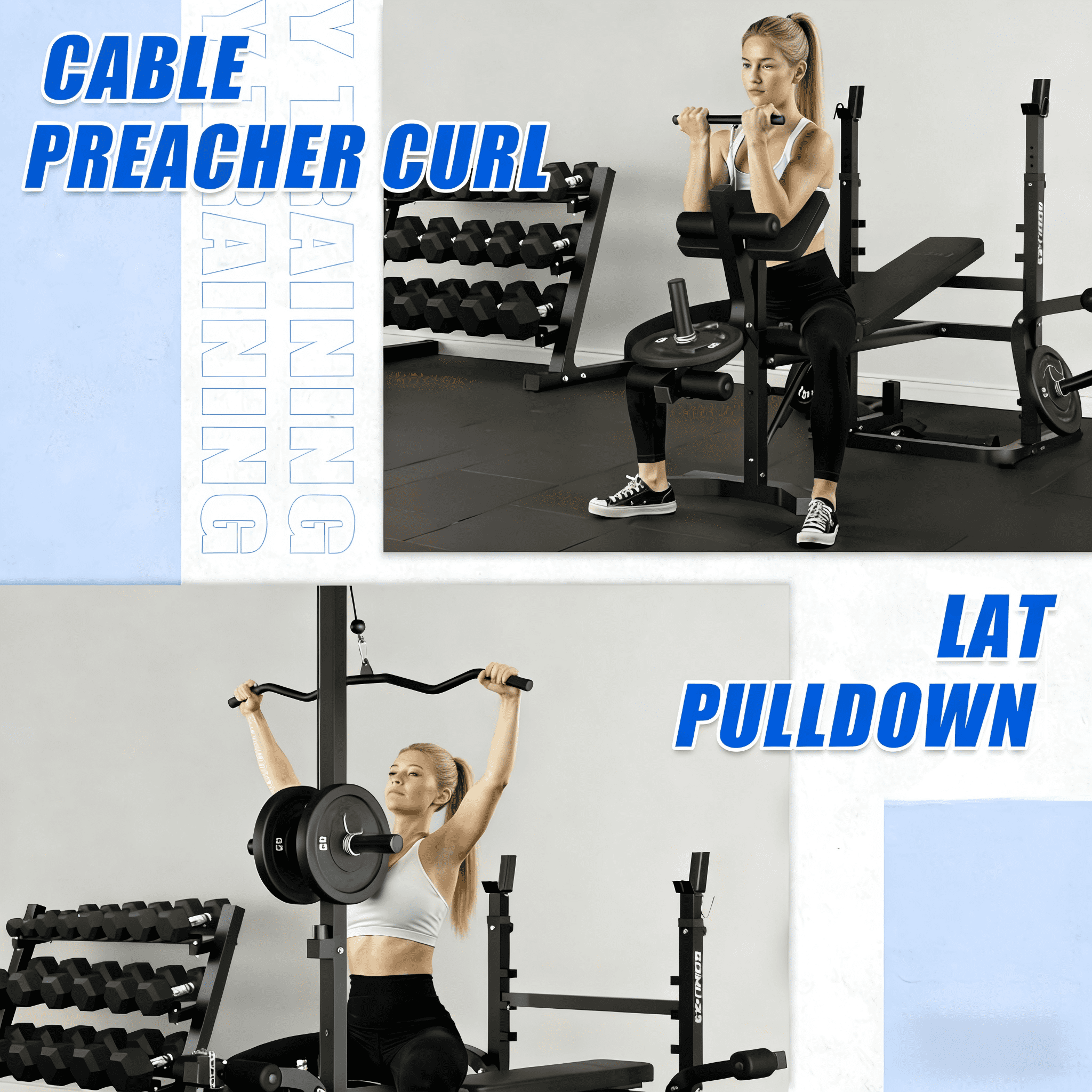Adjustable Weight Bench 900lbs 9 in 1 with Lat Pull Down, Leg Extension and Leg Curl, Chest Fly and Preacher Curl Workout Bench Multi-Function Strength Training Bench Press Exercise Equipment