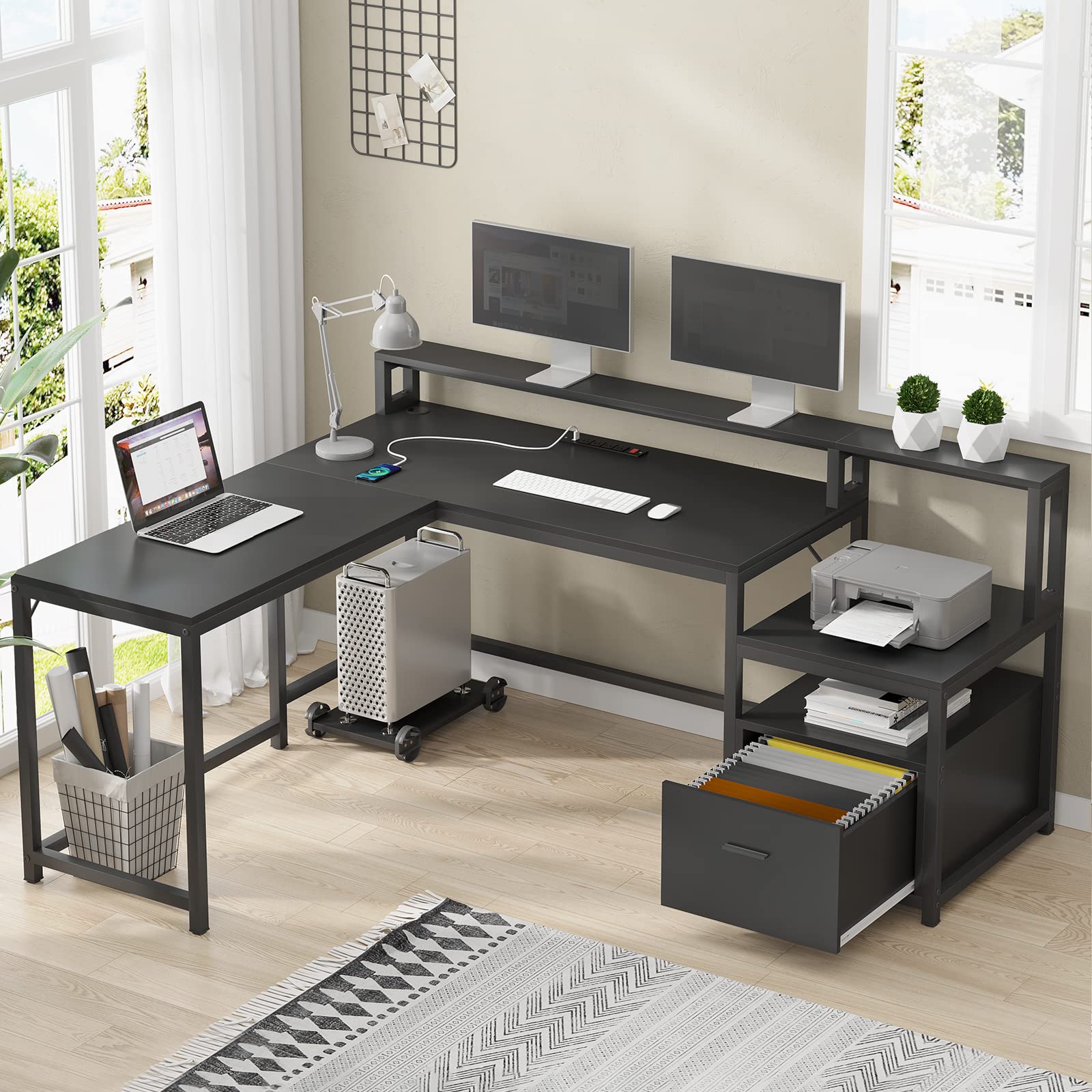 EPHEX L Shaped Desk with Hutch, Storage Shelves, File Drawer and Power