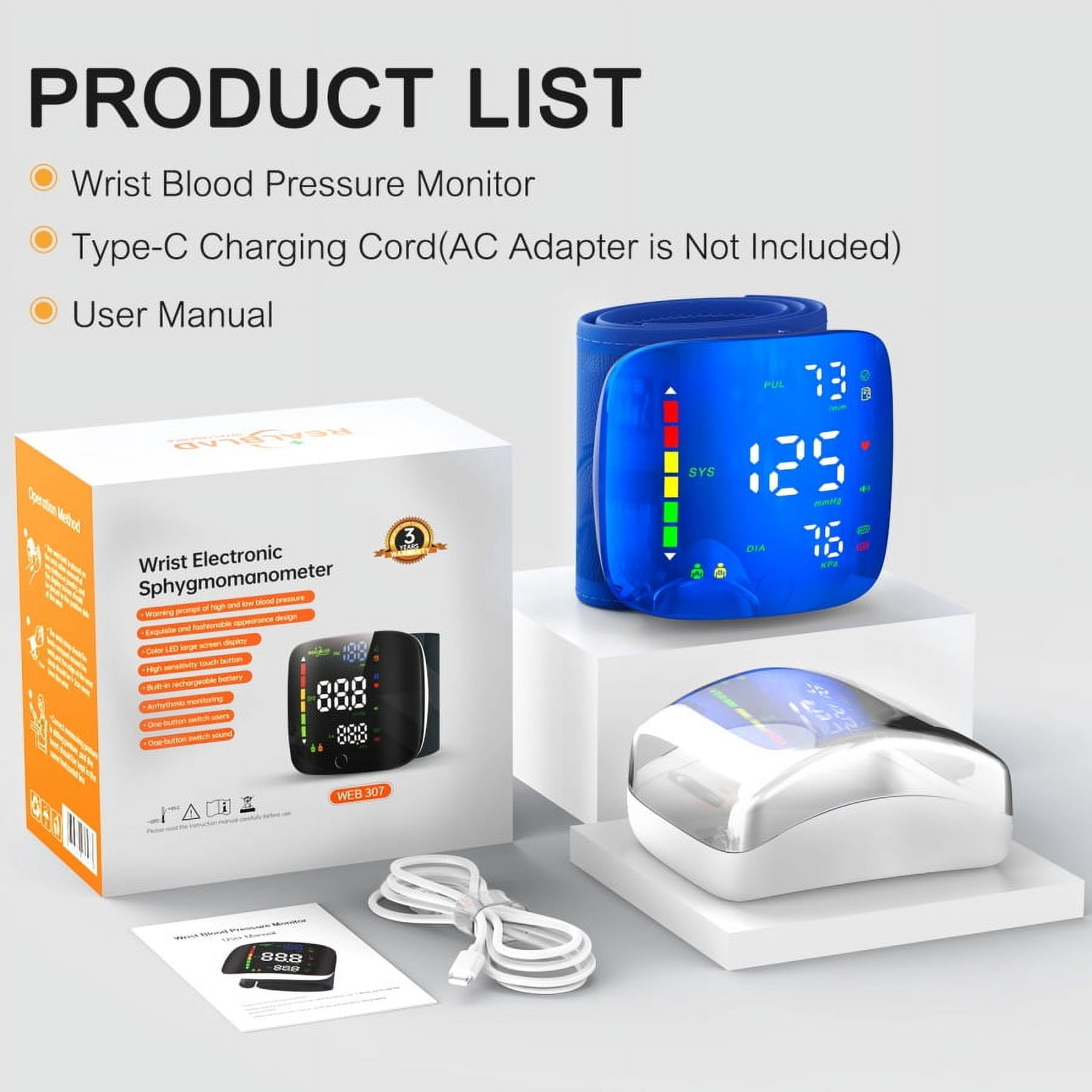 Ziqing Rechargeable Wrist Blood Pressure Monitor for Home Use, with Adjustable Blood Pressure Cuff and LED Backlit Display, Dual-User Memory Storage - Blue