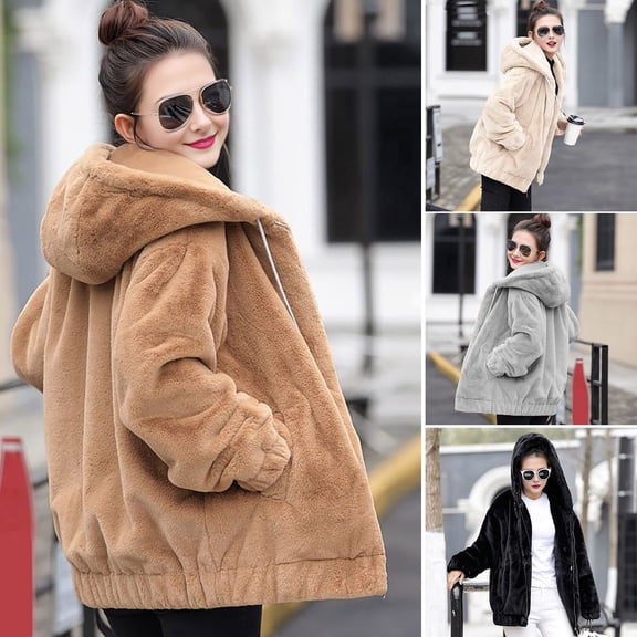 BAETEUY Winter Women Jacket - Thick Plush Faux Rabbit Fur Mid Length Hooded Coat