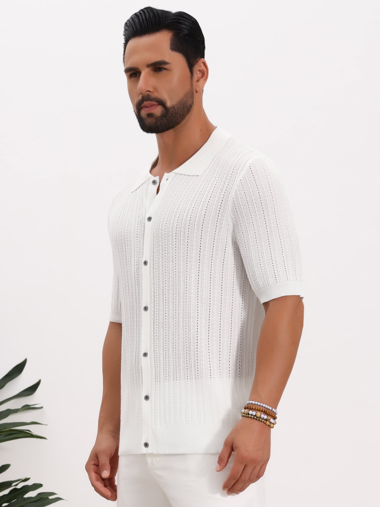 DARING DIVA Men's Striped Summer Short Sleeve Knitted See Through Shirts XL White