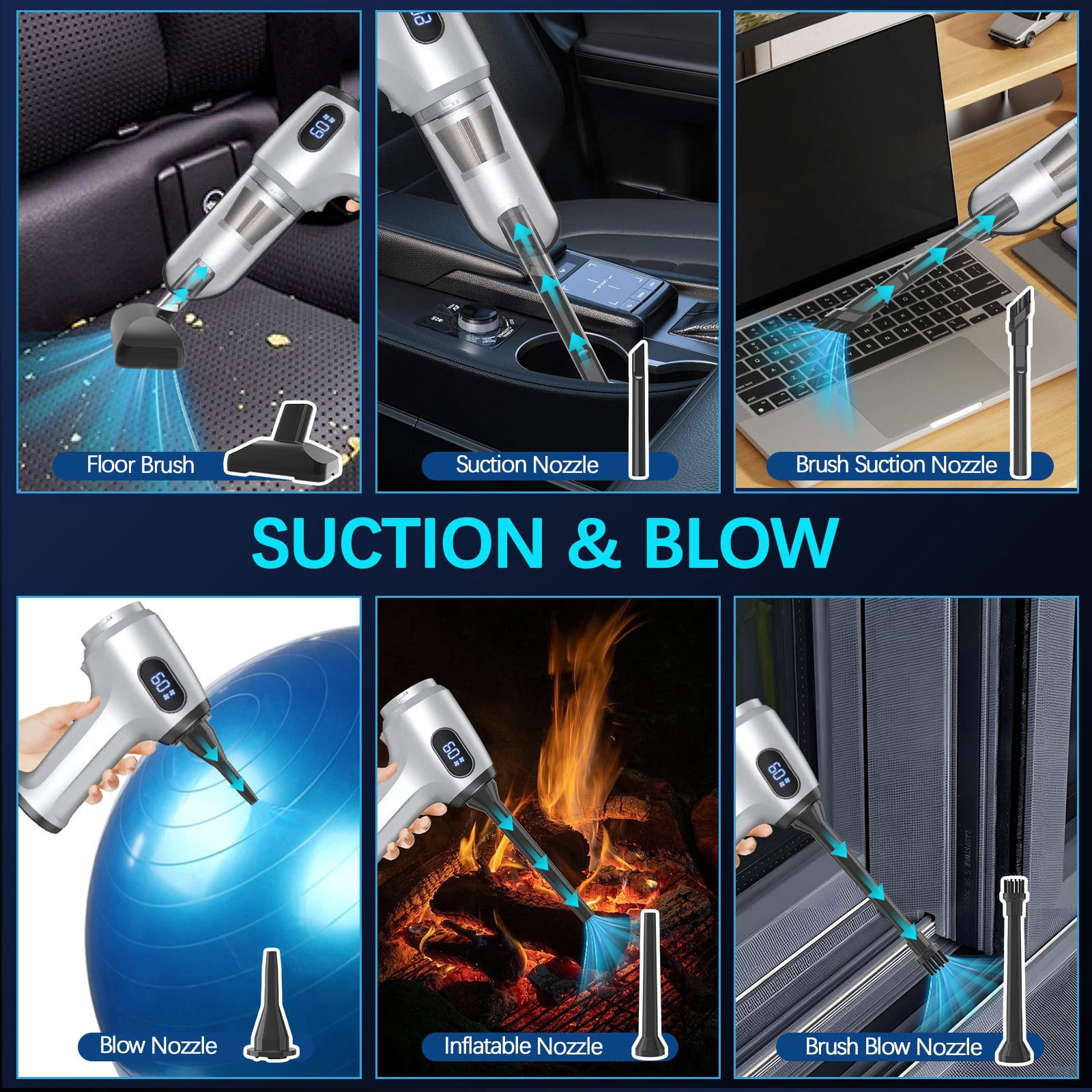 2-in-1 Handheld Car Vacuum Cleaner,2025 Portable Air Duster Suction Blower Rechargeable LED Display Multiple Nozzles,Efficient Cleaning For Cars Home Keyboards And Small Appliances-Free Size
