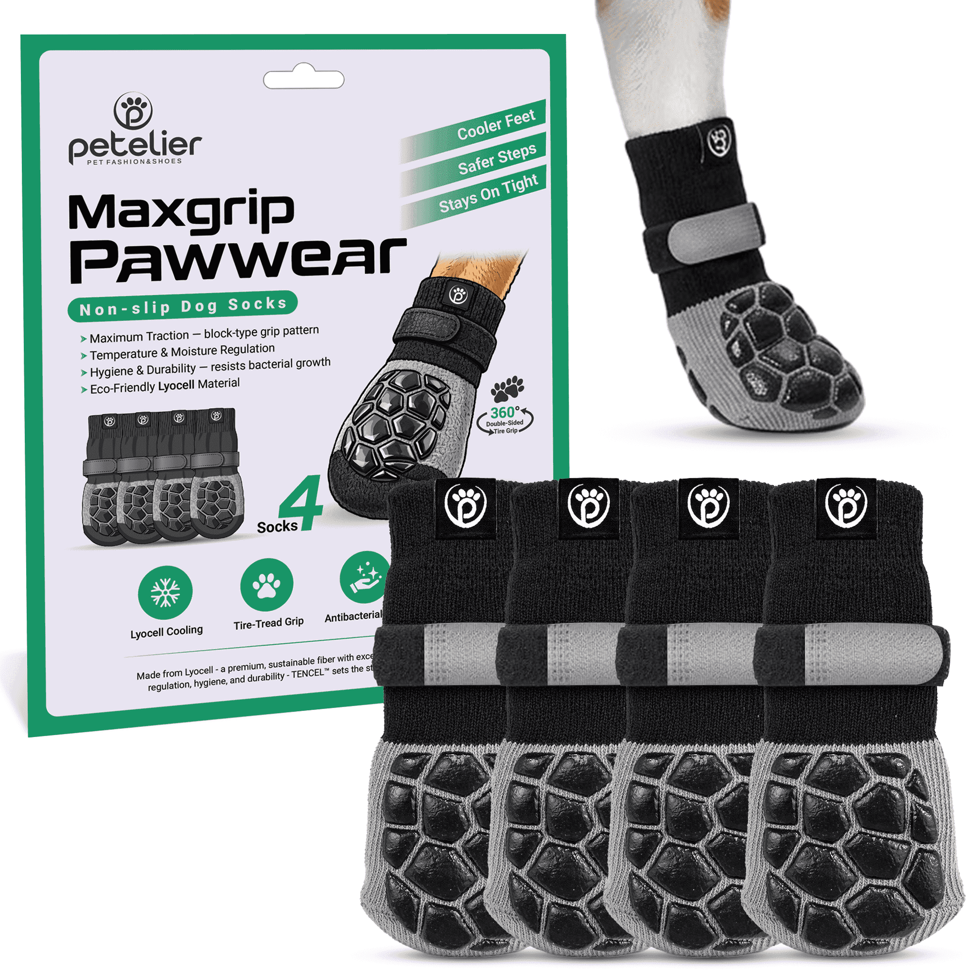 MaxGrip Pawwear Anti-Slip Dog Socks for Medium Dogs, Dual-Side Grippers, Breathable Lyocell Fabric, Set of 4