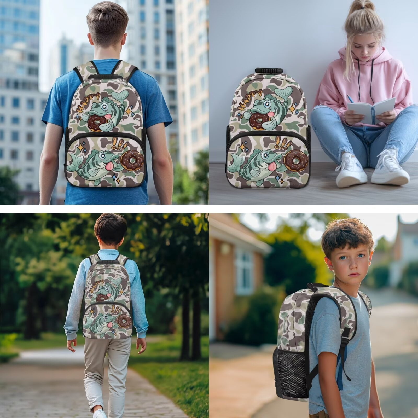 Pzuqiu Camouflage Fish Backpack for Girls with Lunch Box Pencil Case Kids Backpack Set of 4 School Bag for Boys 17 Inch Large Capacity School Bookbag Lightweight Travel Daypack