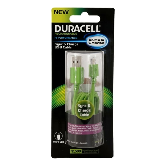 Duracell Sync and Charge Micro USB Cable - (4 ft) Green Compatible with most devices