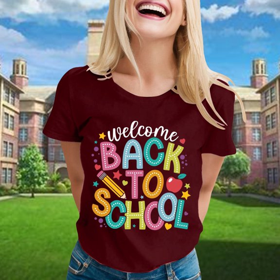 Ladies' Fashionable Back To School Printed Short Sleeve Round Neck T Shirt Womens Running Clothes Long Sleeve T Shirt Women Womens Tee Shirts Loose Fit Short Sleeved Shirts for Women Casual Pack of