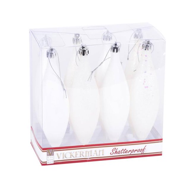Vickerman N500101 White 4 Finish Assorted Drop Ornament - 5.5 in. - 8 Per Box