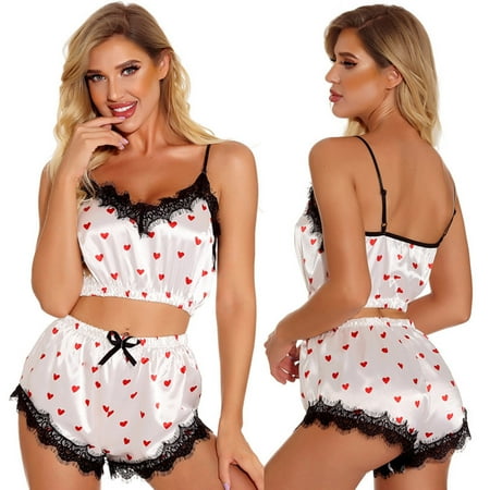 

Honeeladyy Sexy Women Lace Lingerie Satin Love Printed Temptation Babydoll Underwear Cami Underpants Shorts Sleepwear Briefs Suit womens erotic lingerie