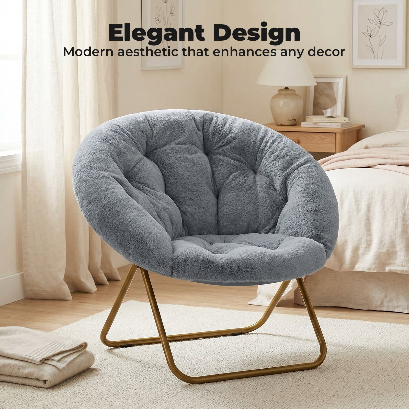 Alvantor Faux Fur Saucer Chair, Comfortable Disc Chair, Ideal for Living Room & Bedroom, in Gray, White, Pink