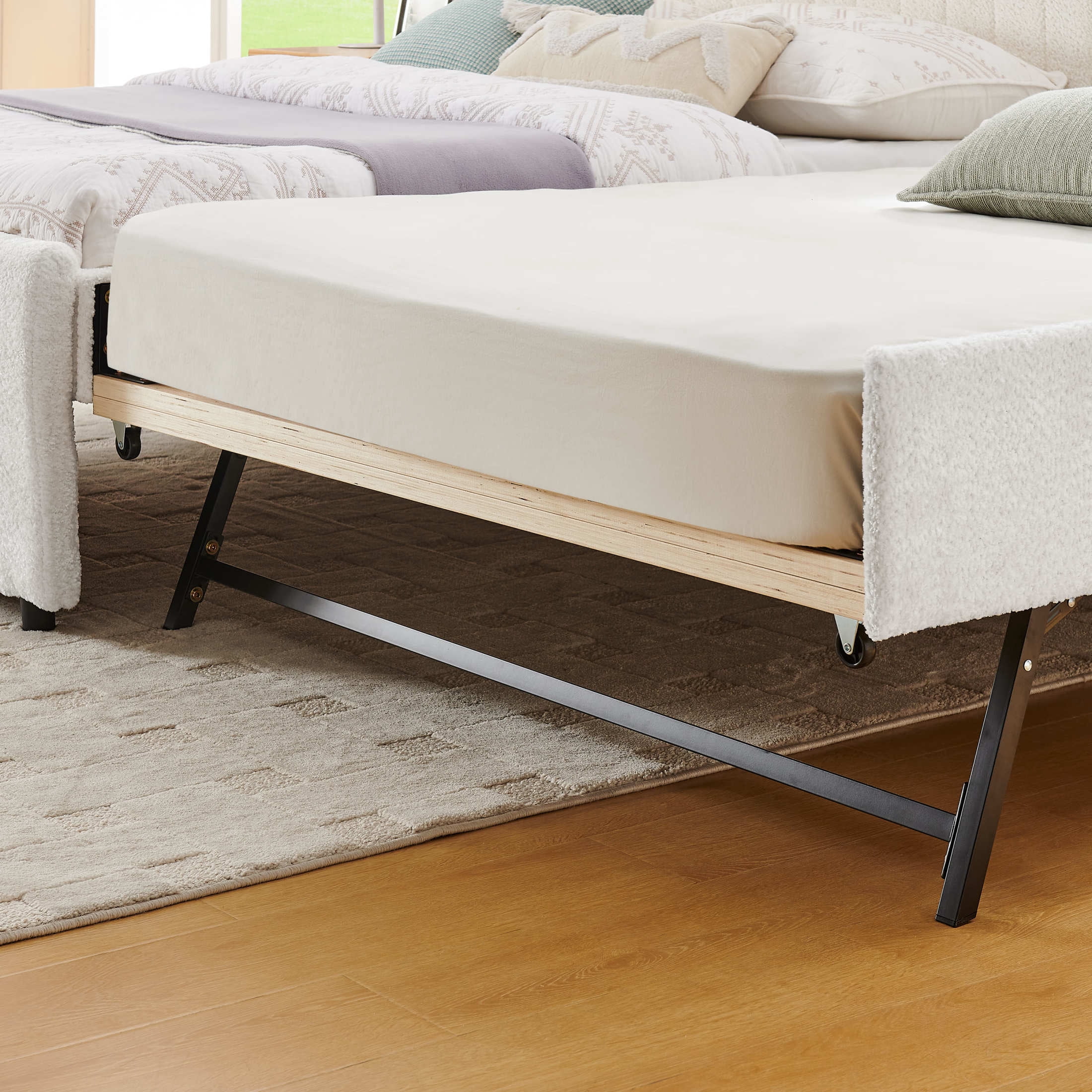 Noble House Fioren Full Size Chenille Upholstered Bed Frame, Space Saving Daybed with Hidden Trundle, Gray