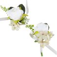 thumbnail image 1 of Juego de 2 ramilletes de muñeca y ramilletes de rosas hechos a mano para dama de honor y novio, pulsera de seda con flores artificiales de rosas blancas para ceremonia de boda, fiesta de graduación, 1 of 8