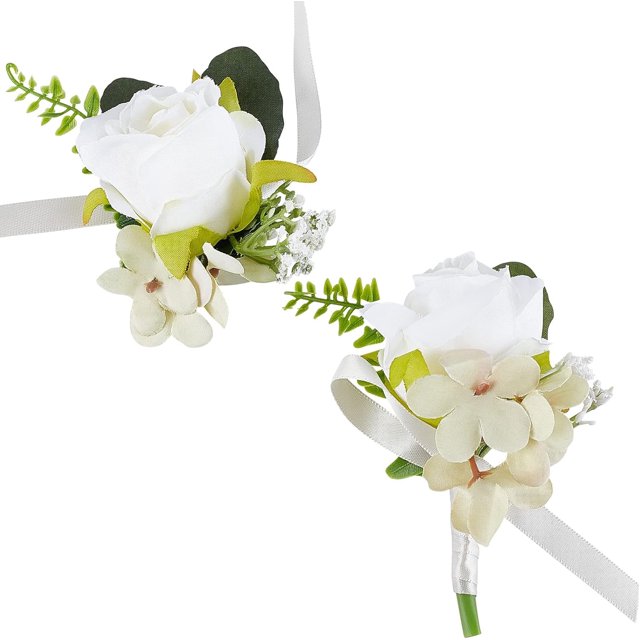 Juego de 2 ramilletes de muñeca y ramilletes de rosas hechos a mano para dama de honor y novio, pulsera de seda con flores artificiales de rosas blancas para ceremonia de boda, fiesta de graduación