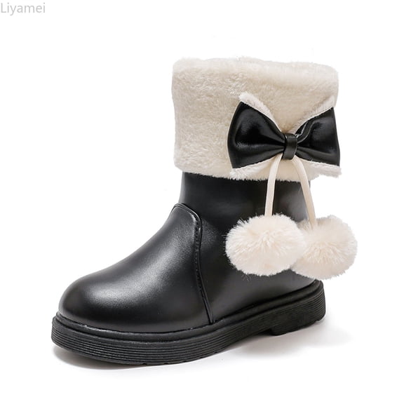 Liyamei Girls' Autumn And Winter Snow Boots Thick Soles Non Slip Warm Comfortable Solid Color Bow Boots Girls Snow Boots Size 10.5