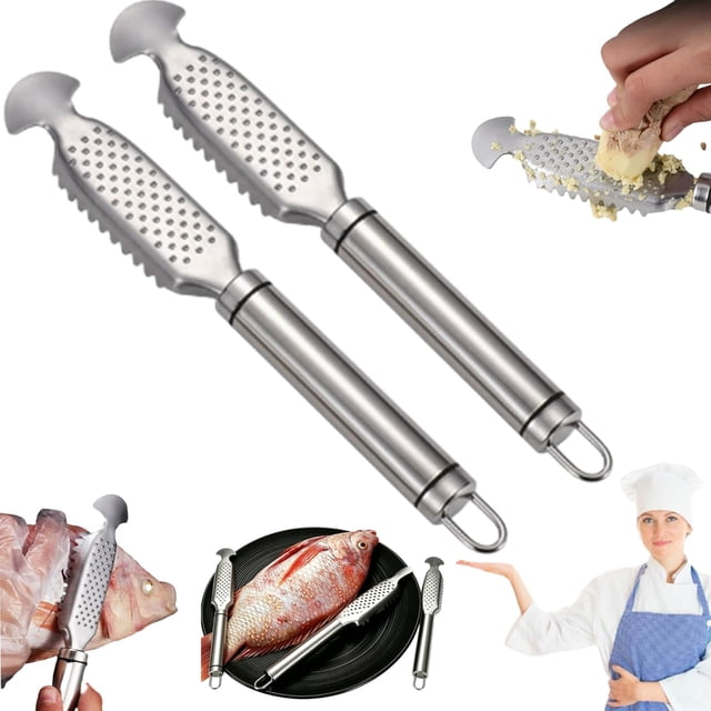 2-in-1 Stainless Steel Fish Scaler + Ginger Grater – Fast & Easy Fish Cleaning Tool, Multifunction Stainless Steel Fish Scaler Remover, Heavy Duty Rustproof Fish Scale Scraper for Kitchen Home (2pcs)