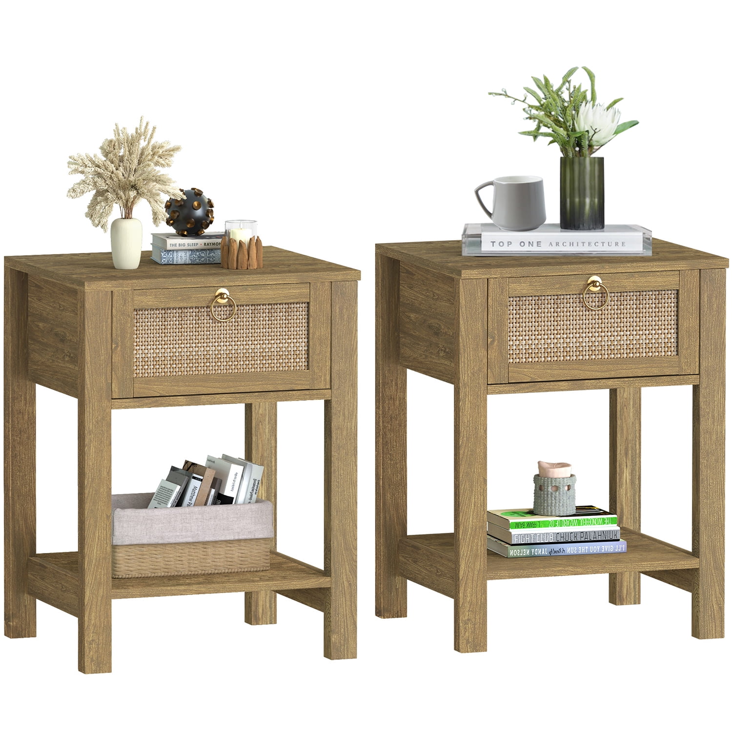 Surmoby Nightstand Set of 2,Boho Bedside Tables with Rattan Decor Drawer and Open Storage Shelf,Side Table End Tables for Bedroom or Living Room,Cherry