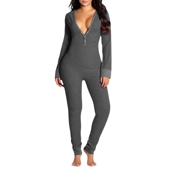 Gureui Women's Sleeping Romper, Christmas Pajamas, Long Sleeve V-Neck Printed Loose Detachable Crotch Elastic Slimming Jumpsuit Home Clothes,S-M-L-XL