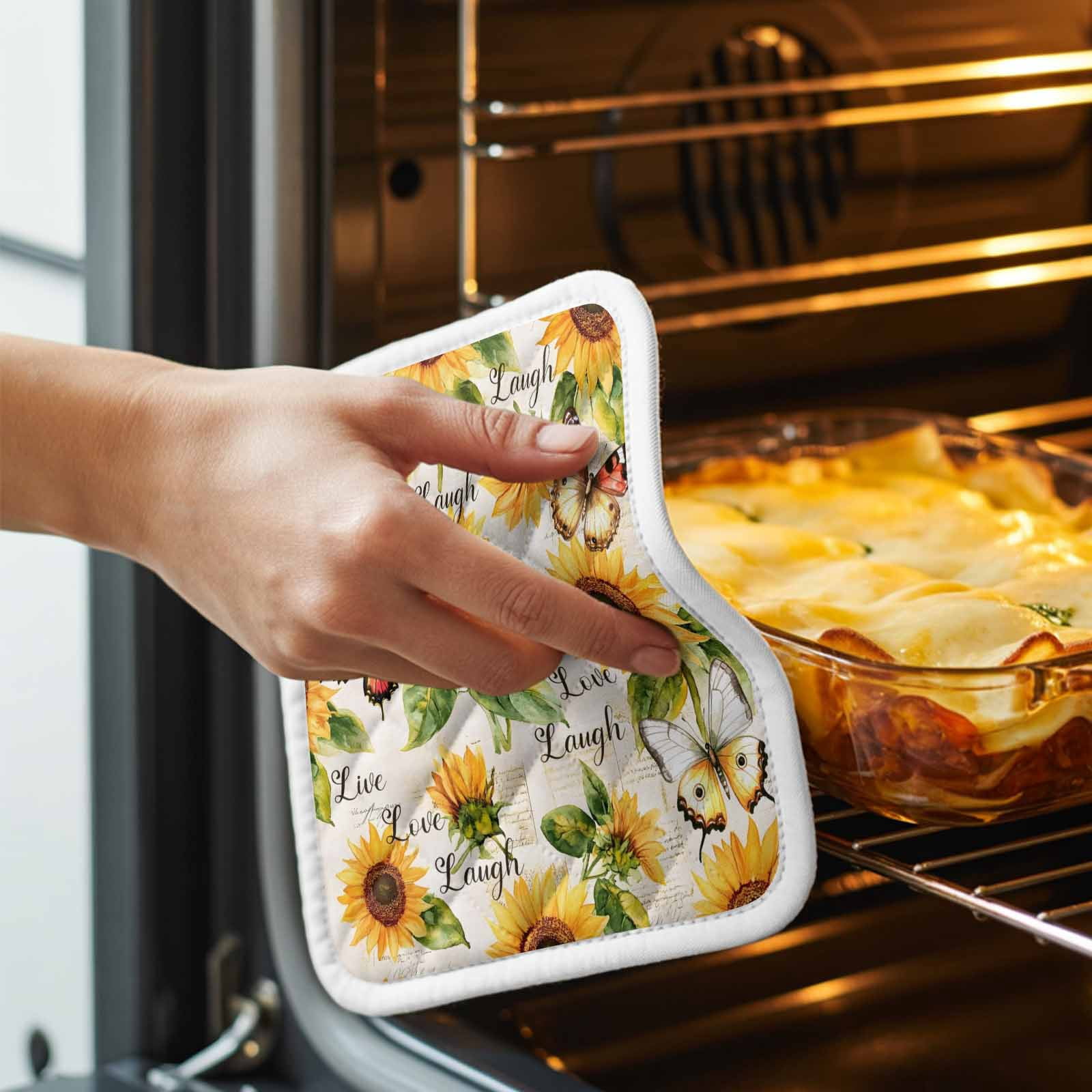 Sunflower Pot Holders for Kitchen Heatproof Potholder, 4 Pack Summer Botanical Vintage Spring Floral Butterfly Hot Pads Multipurpose Oven Pads Cloth Potholders Trivet for Cooking and Baking