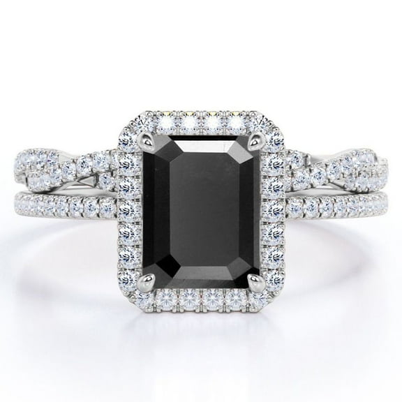 JeenMata 1.5 Carat Emerald Cut Lab Grown Black Diamond and Moissanite - 4 Prong Halo Set - Twisted Pave Wedding Ring Set - 18K White Gold Plating over Silver