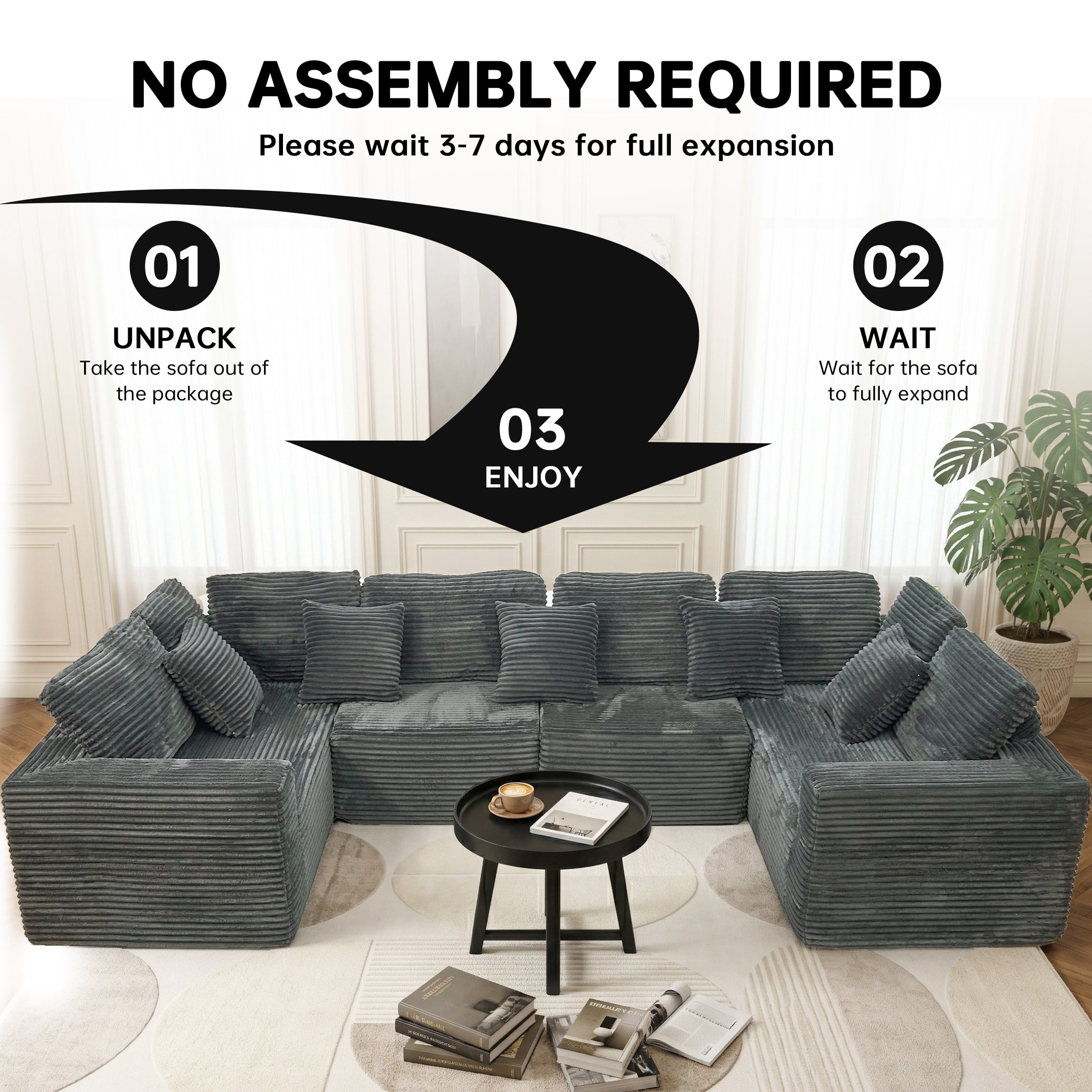 SOULART 135.5" U Shaped Sectional Couch,Gray Cloud Boneless Sofa For Living Room,Plush Corduroy Couches With Deep Seat Chaise Lounge,No Assembly Required