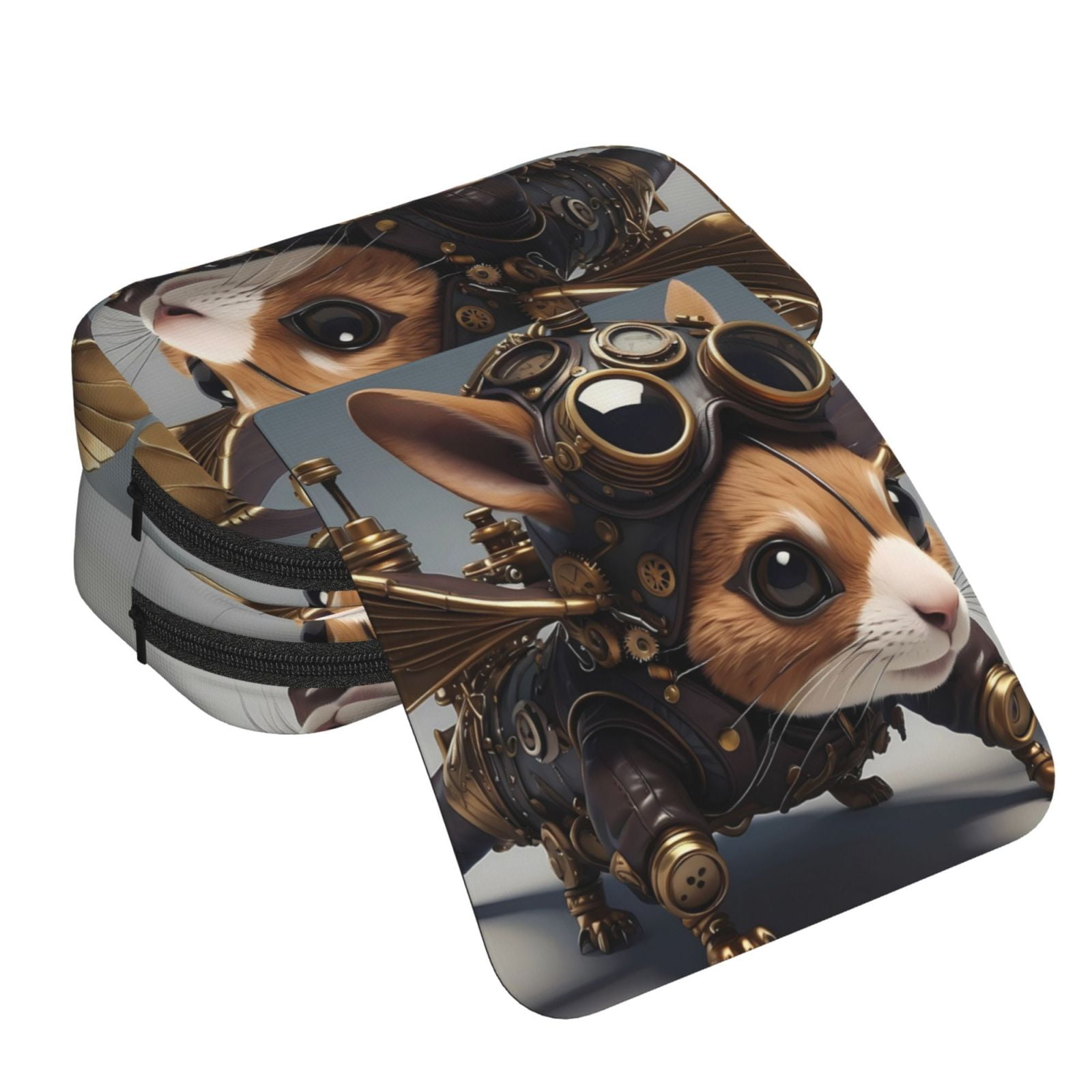 Rateoe Steampunk Squirrel Pilot Pattern Double Clamshell Pen Case, Storage Organizer with Two Zipper Compartments– Holds Up to 50 Pencils & Pens