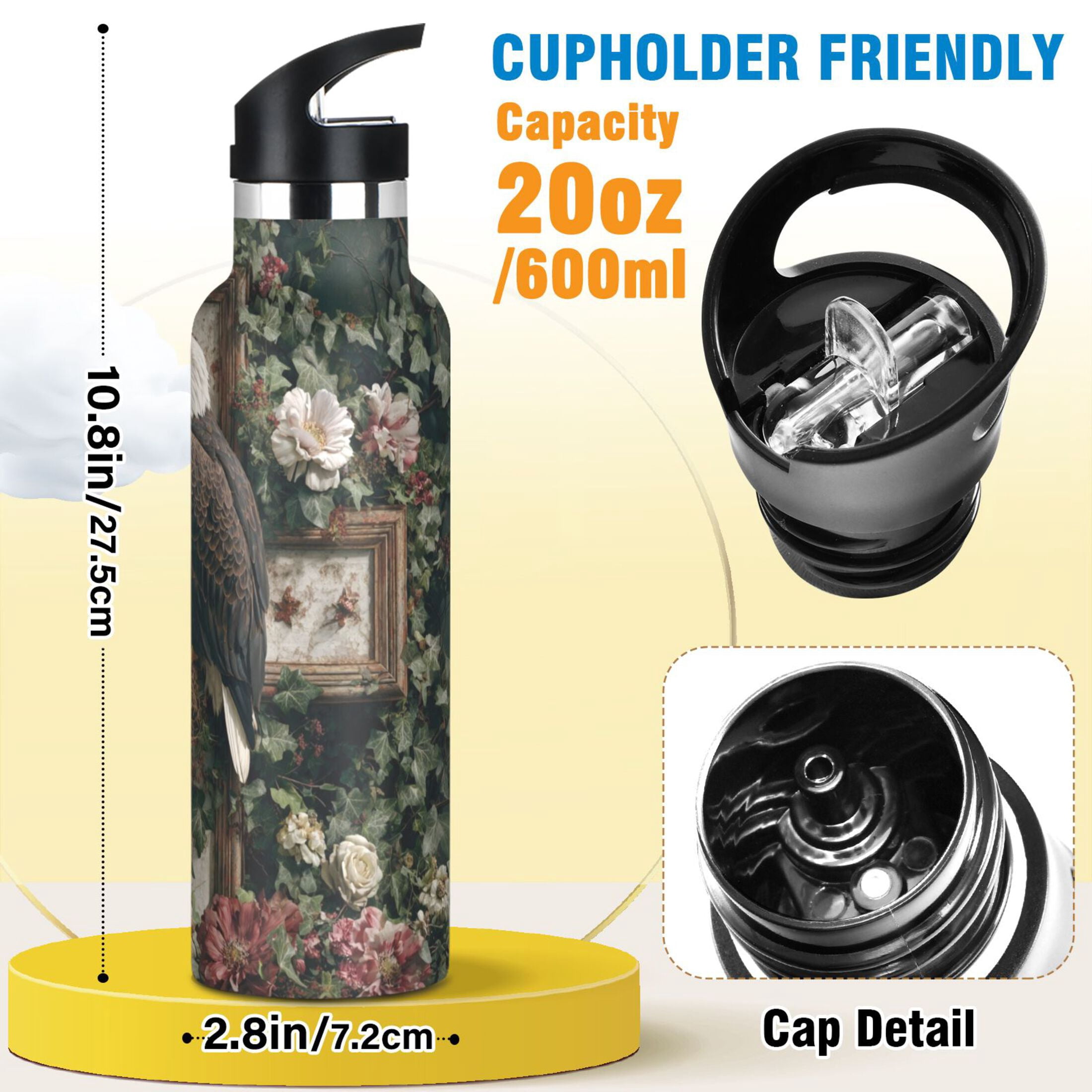 Kids Insulated Stainless Steel Sports Water Bottle 600ml (20oz) Wreath and Bald Eagle