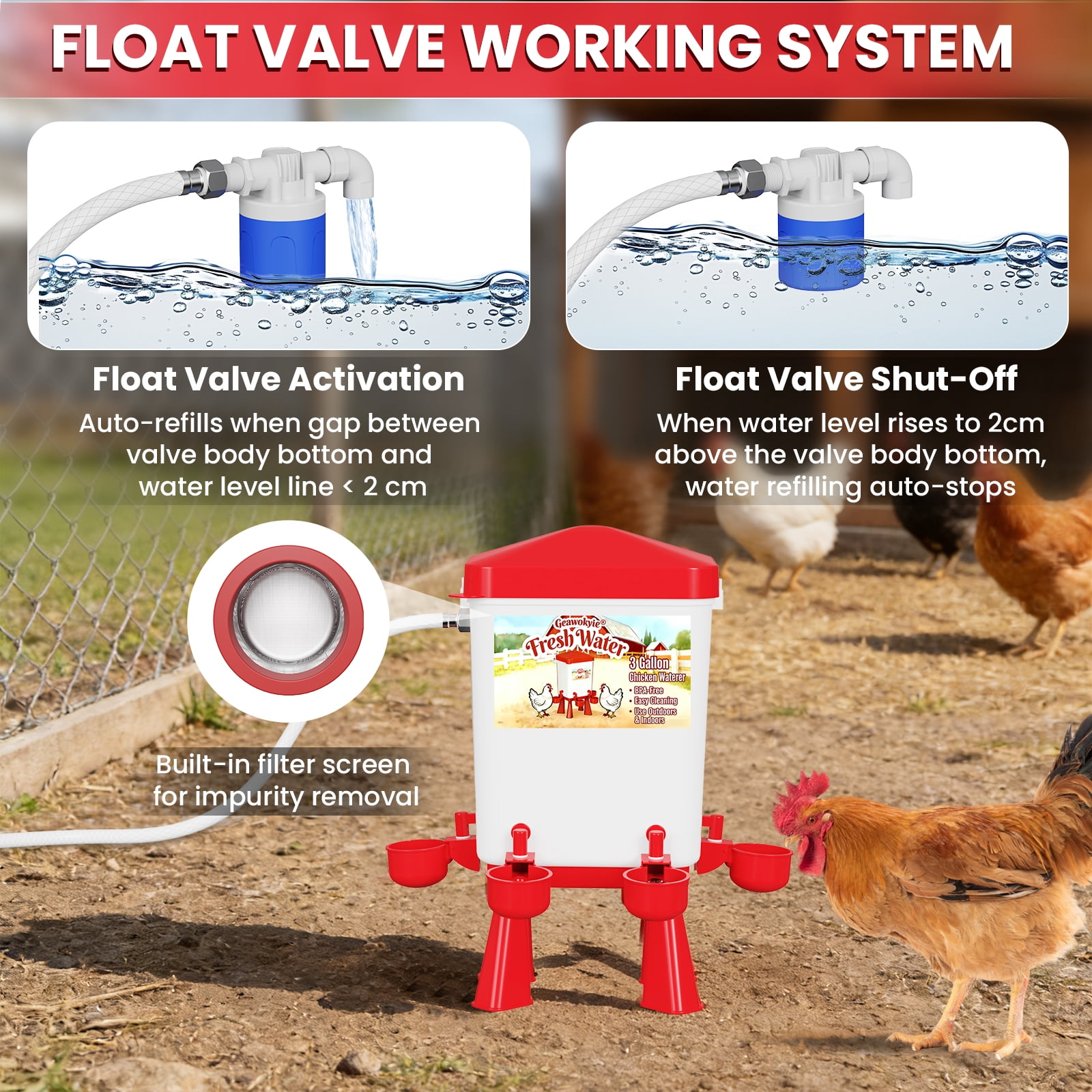 3 Gallon Red Automatic Chicken Waterer, Float-Controlled Continuous Water, Hose Connectable, Hands-Free Poultry Water Feeder for Chicks Ducks Geese