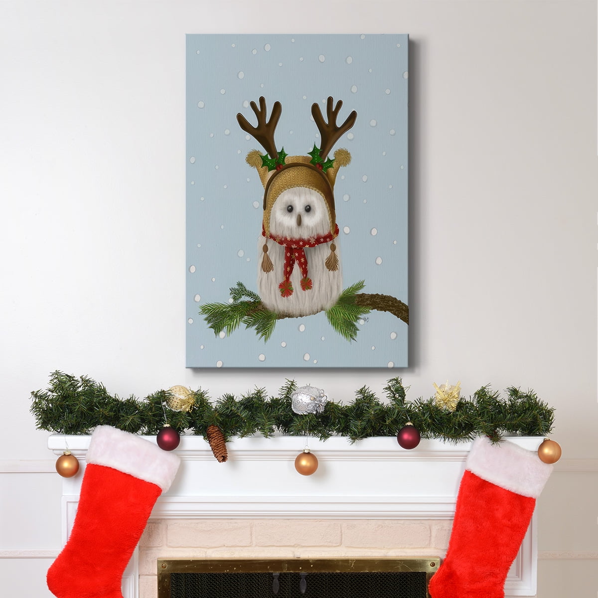 Christmas Fluffy Owl and Antlers- Gallery Wrapped Canvas