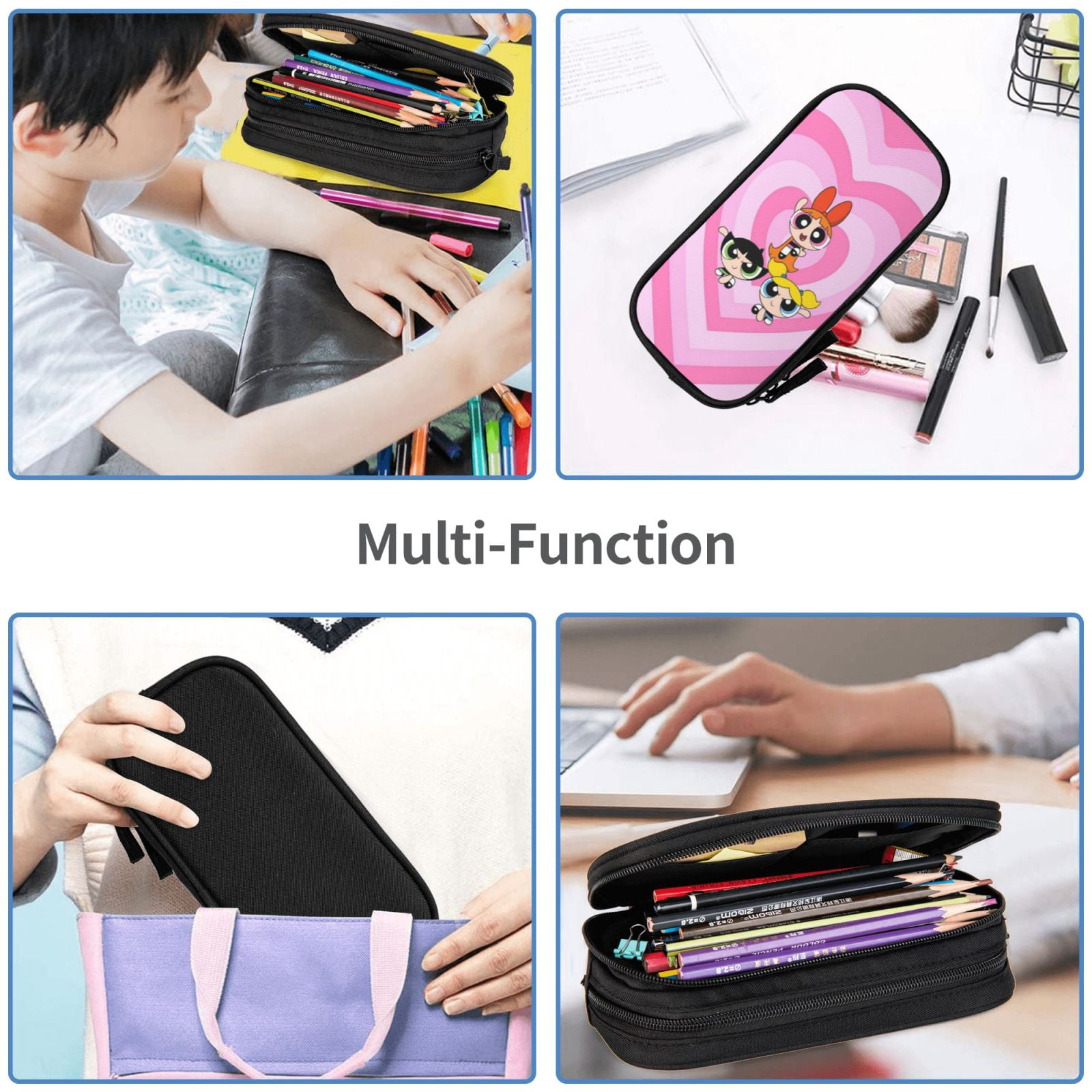 The Powerpuff Gi-rls Pencil Case Large Capacity Pencil Pouch Penbag Office Stationery Organizer Travel Makeup Bag Black