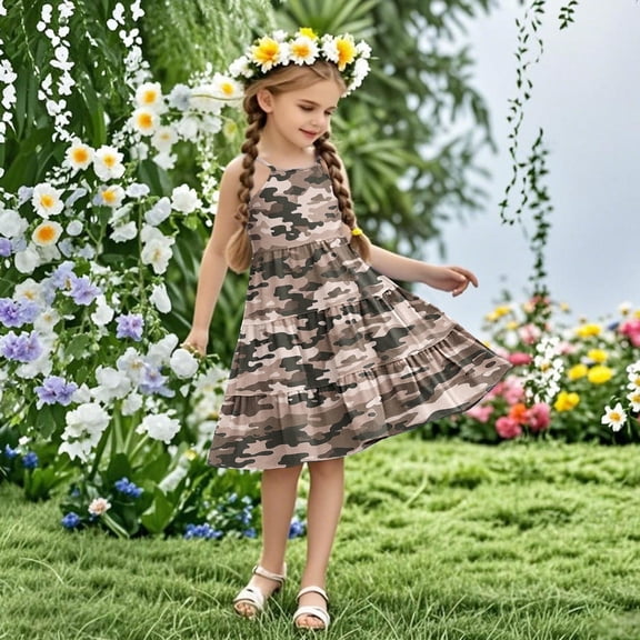 Nmnitkp Girl Dresses Cute Summer Dresses for Girls Sundress Boho Strap Casual Sleeveless Tiered Cami Dresses Brown,5 Years