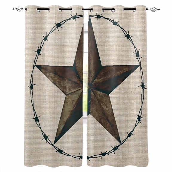 Fsddascl Texas Star Rustic Blackout Curtains for Bedroom/Living Room, Thermal Insulated Kitchen Curtains, Vintage Farmhouse Striped Brown Grommet Darkening Window Treatment Drapes 52"x63"x2
