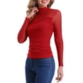 thumbnail image 4 of INSPIRAR CHIC Top de Malla para Mujer de Manga Larga Sólido con Cuello Alto y Panel Transparente con Fruncido Lateral XS Rojos, 4 of 6